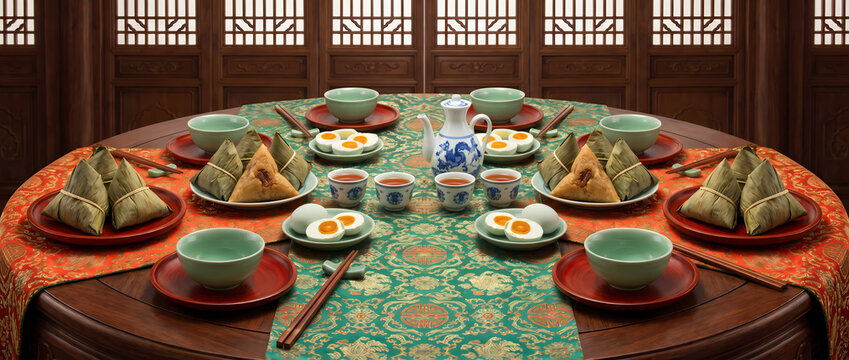 Traditional Chinese Dragon Boat Festival table with zongzi salted eggs and tea bowls