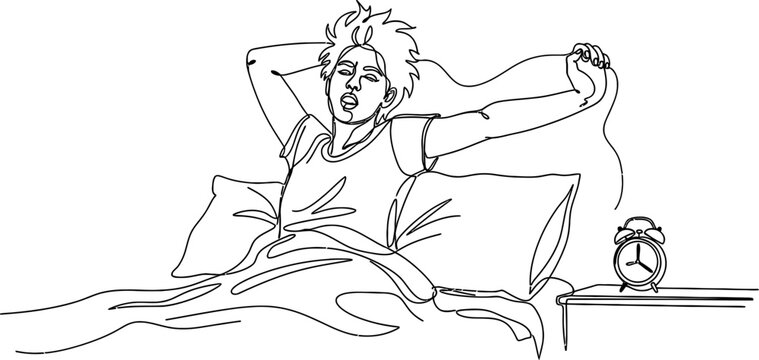 Man waking up stretching in bed, alarm clock on nightstand, single line art drawing