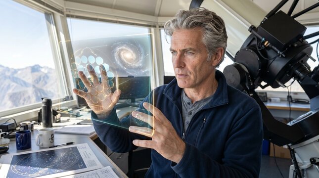 Astrophysicist studying galaxy formations and cosmic phenomena in observatory