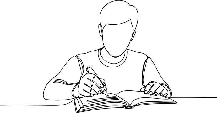 Boy writing in book with pen, continuous line drawing, education concept