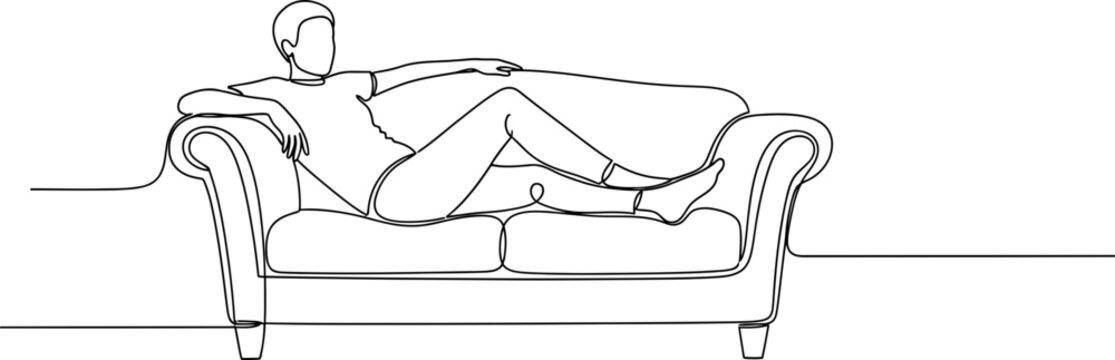 Minimalist single line drawing of a person relaxing on a sofa