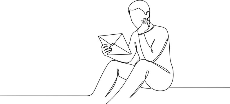 Single line drawing of a man sitting and reading a letter, contemplative mood