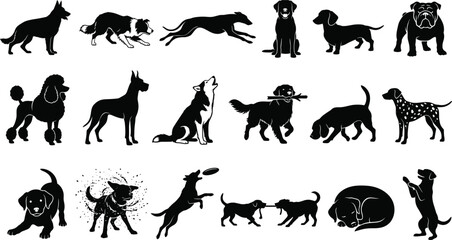 Fototapeta premium Dog Silhouette Icons of Various Breeds in Standing Sitting Running Jumping and Playful Poses Vector Illustration Set