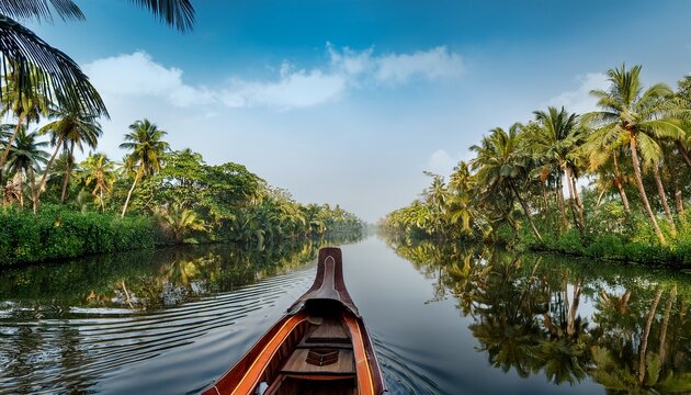 vessel drifting gently on calm alappuzha backwaters surrounded by lush greenery and vibrant aquatic life amidst serene water reflections alappuzha backwaters water body