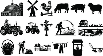 Farm Life Silhouette Icons of Barn Tractor Animals Farmer Tools and Rural Agriculture Vector Illustration Collection © Hello World