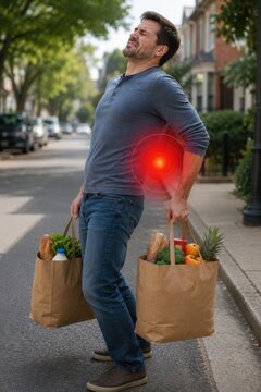 Man grimacing in pain on city street, carrying heavy grocery bags and clutching lower back. Red glowing circle highlights intense backache, spine strain or injury. Health problem concept layout