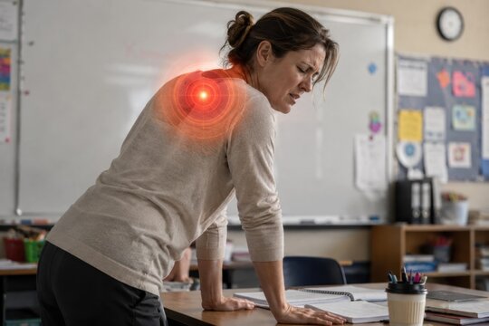 Woman grimacing in pain in classroom, leaning on desk and clutching upper back. Red glowing circle highlights intense upper backache, shoulder or spine strain. Teacher health problem layout