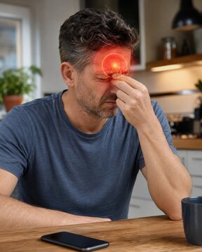 Mature man grimacing in pain at kitchen table, pinching bridge of his nose. Red glowing circle highlights sinus pain, headache or migraine. Male patient health issue concept stock layout