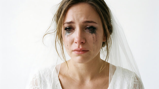 A crying woman wearing a wedding veil looks sad on her face.