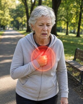 Senior woman grimacing in pain on park path, holding her chest. Red glowing circle highlights chest ache or heart attack. Elderly female health problem medical concept layout on background