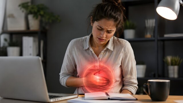 Young woman grimacing in pain at desk, holding her stomach. Red glowing circle highlights stomach ache or indigestion. Female freelancer health problem medical concept layout in home office