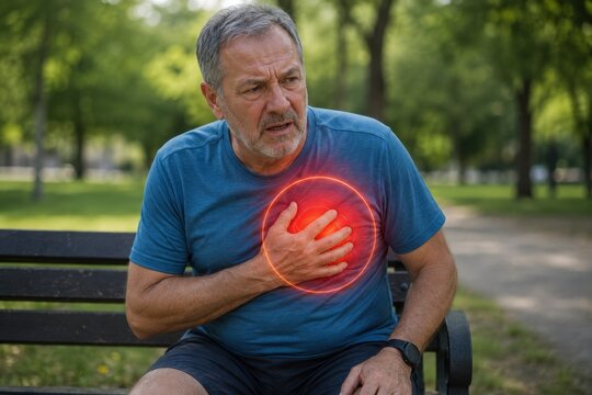 image.pngSenior man grimacing in pain on park bench, holding his chest. Red glowing circle highlights chest ache or heart attack. Elderly runner health issue medical concept layout on blurred backgrou