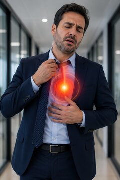 Businessman grimacing in pain in hallway, loosening tie and clutching chest. Red glowing circle highlights intense chest ache or heartburn. Male executive health problem concept layout