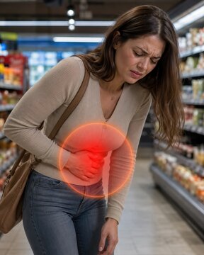 Young woman grimacing in pain in supermarket aisle, holding her stomach. Red glowing circle highlights stomach ache or food poisoning. Female customer health problem medical concept layout