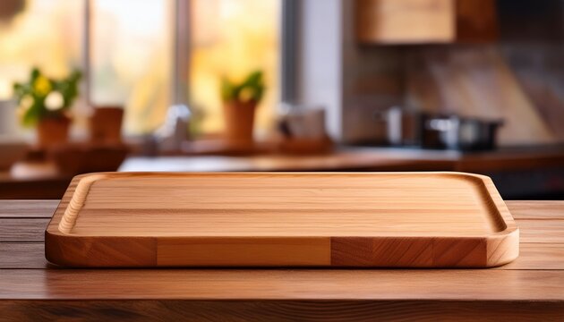 wooden kitchen table with an empty rectangular wooden cheese board on a blurred background