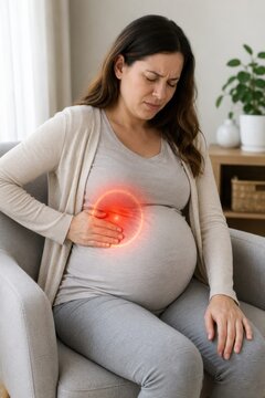 Pregnant woman grimacing in pain in armchair, holding her side. Red glowing circle highlights abdominal or upper right quadrant ache. Pregnancy health issue medical concept layout at home