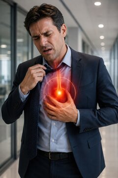 Businessman grimacing in pain in office corridor, loosening tie and holding chest. Red glowing circle highlights chest ache or heart attack. Male executive health issue medical concept layout