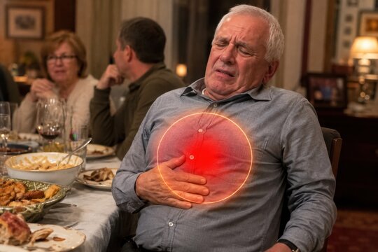 Senior man grimacing in pain at dinner table, holding his chest. Red glowing circle highlights chest ache or heartburn after meal. Elderly health issue medical concept layout on background