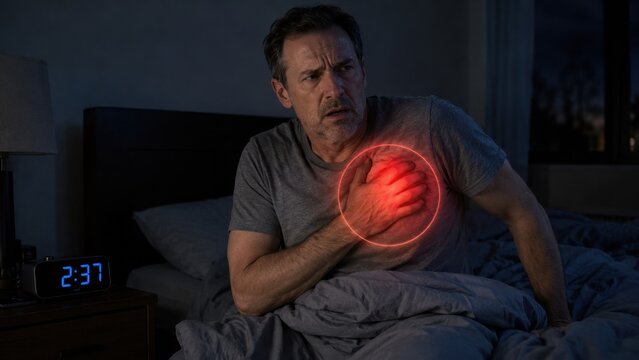 Middle-aged man waking up in bed at night, holding chest in pain. Red glowing circle highlights intense chest ache or heart attack. Male adult health problem concept layout in dark bedroom