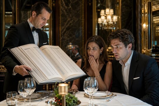 Sarcastic photo of shocked couple looking at absurdly huge menu book presented by waiter in luxury restaurant. Expensive dining, restaurant bill and menu shock concept layout