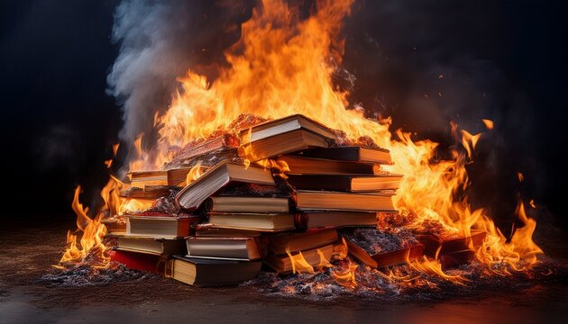 a pile of burning books with flames licking at the edges and smoke billowing into the air representing censorship and banned literature forbidden knowledge chaos