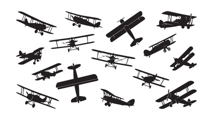 Set of Vintage Biplane Silhouettes Isolated on White Background © MD