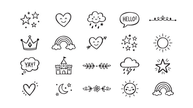 Cute Hand Drawn Icon Set with Rainbow Sun Heart and Castle