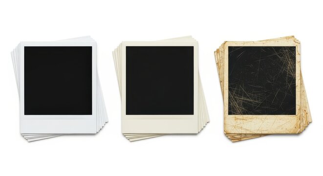 Three Stacks of Blank Instant Photo Frames in Different Aging Stages Isolated on White Background