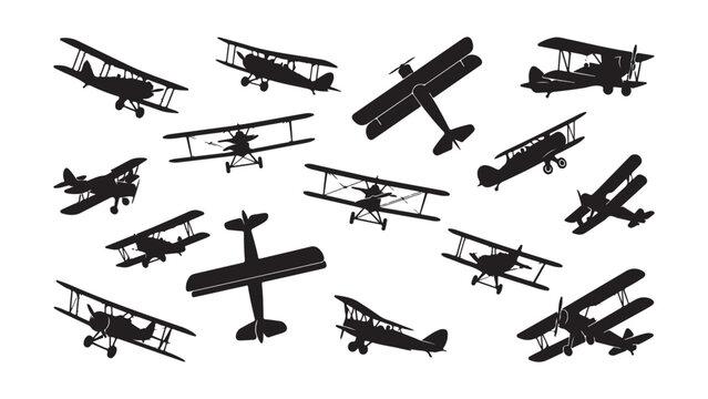 Set of Vintage Biplane Silhouettes Isolated on White Background