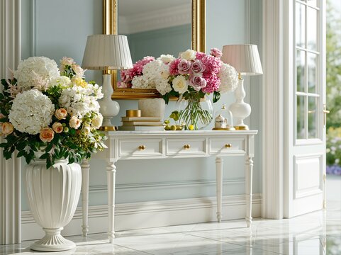 Flowers and decor on a table in a bright room with large windows and natural light during the day