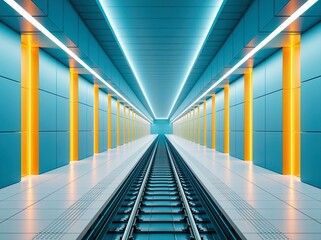 Naklejka premium Modern subway station with blue walls and illuminated platforms in the background