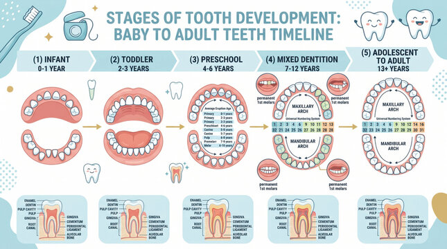 Medical infographic vector illustration of tooth development timeline showing stages from infant to adult teeth, including primary and permanent dentition. Educational dentistry chart layout