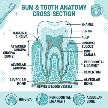 Medical infographic vector illustration of gum and tooth anatomy cross-section showing enamel, dentin, pulp, gingiva and alveolar bone. Educational dentistry educational layout