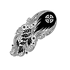 Celestial comet with floral decor and Celtic symbol. Monochrome doodle vector isolated. Denamic tail, flyimg meteor © Amarylle