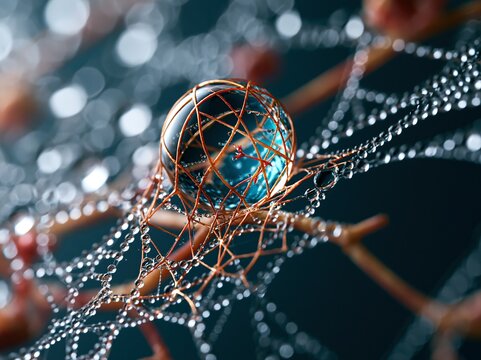 Close up view of water droplets on a spider web with a glass sphere on a branch in high contrast light setting at night