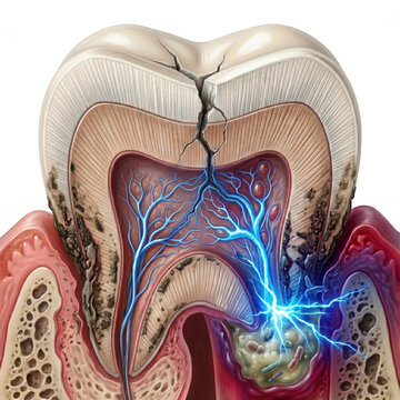 Medical cross-section illustration of cracked tooth with exposed nerve showing deep decay, inflammation and electric shock pain signal. Dental health problem, cavity and root infection concept