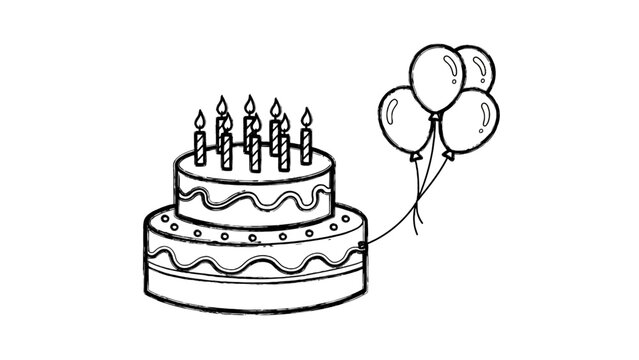 A birthday cake with balloons and candles.
