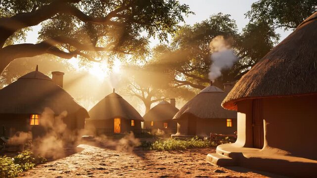 Warm village scene with thatched huts, sunrays, trees, and smoke at sunrise