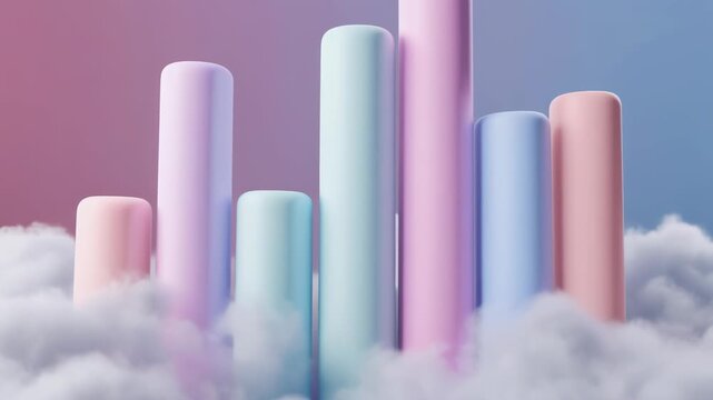 3D pastel-colored cylinders rising from fluffy white clouds against soft gradient background, dreamy atmosphere, abstract business concept, texture, wallpaper, copy space