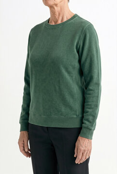 Forest green crewneck sweatshirt mockup. Long sleeve pullover sweater on model, minimalist casual style apparel presentation, professional blank cotton clothing template for design display.