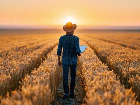 Farmer walks through golden wheat field at sunset while using tablet device to check crop data and manage farming tasks