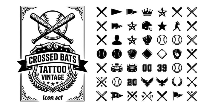 Crossed Bats Tattoo Vintage Black White-Pennant Banner Crest Classic-Sport Vector-Bats Icon Tattoo-Baseball Design Set