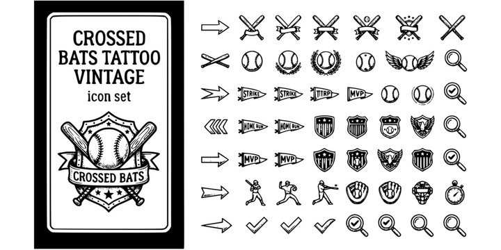Crossed Bats Tattoo Vintage Black White-Pennant Banner Crest Classic-Sport Vector-Bats Icon Tattoo-Baseball Design Set