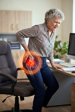 Senior woman standing up from office chair with hip joint pain holding thigh with visualized red ache circle effect medical concept