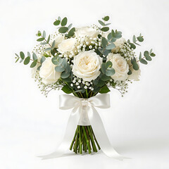 Fototapeta premium Bouquet of white roses wrapped in ribbon