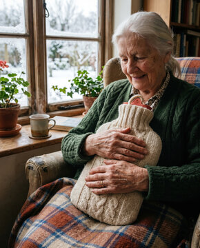 Smiling senior woman in armchair hugging hot water bottle in knitted cover cozy winter room interior health care concept