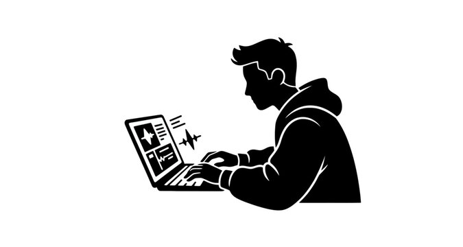 Man using laptop computer silhouette on transparent background