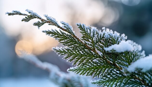 closeup of leafage of savin juniper covered with snow and hoarfrost in mid january