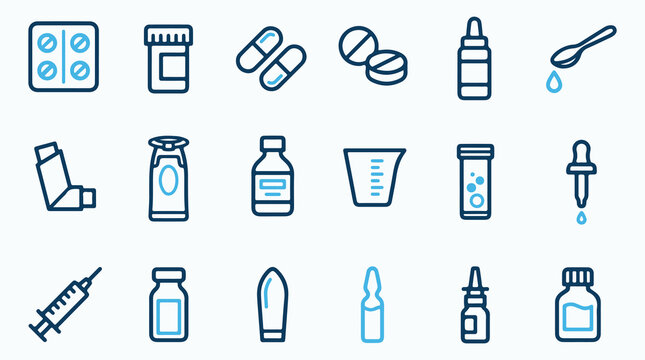 Collection of Pharmaceutical and Medication Icons with Bottles and Dispensing Tools