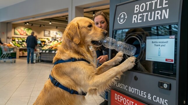 Eco-Friendly Golden Retriever: A Smart Dog Putting a Plastic Bottle into a Bottle Return Deposit Machine at a Supermarket